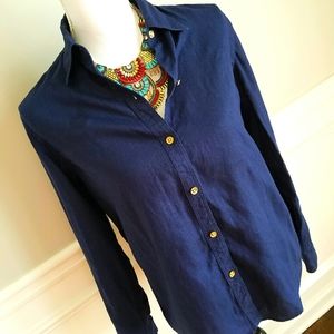 Ralph Lauren Navy Linen Shirt Front Roll Tab Sleev